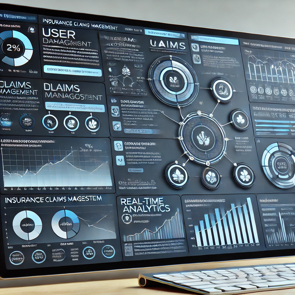 A dashboard design showing a user panel screenshot, flowchart, or statistical graphs.